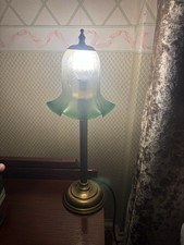 Pullman Table Lamp Antique Brass Base, Green Glass Bell Shade