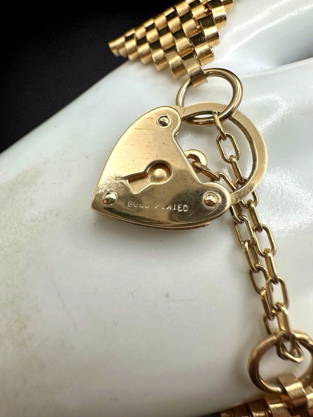 Vintage Gold Plated Gate Link Bracelet Heart Padlock Clasp Victorian Style