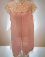 Robe BabyDoll Short Lg Nylon Vtg 60'S Chiffon Neon Pink Ivory Lace Sheer Gvc