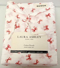 Laura Ashley  Queen  White Pink  Cotton Percale Bow Print Sheet Set