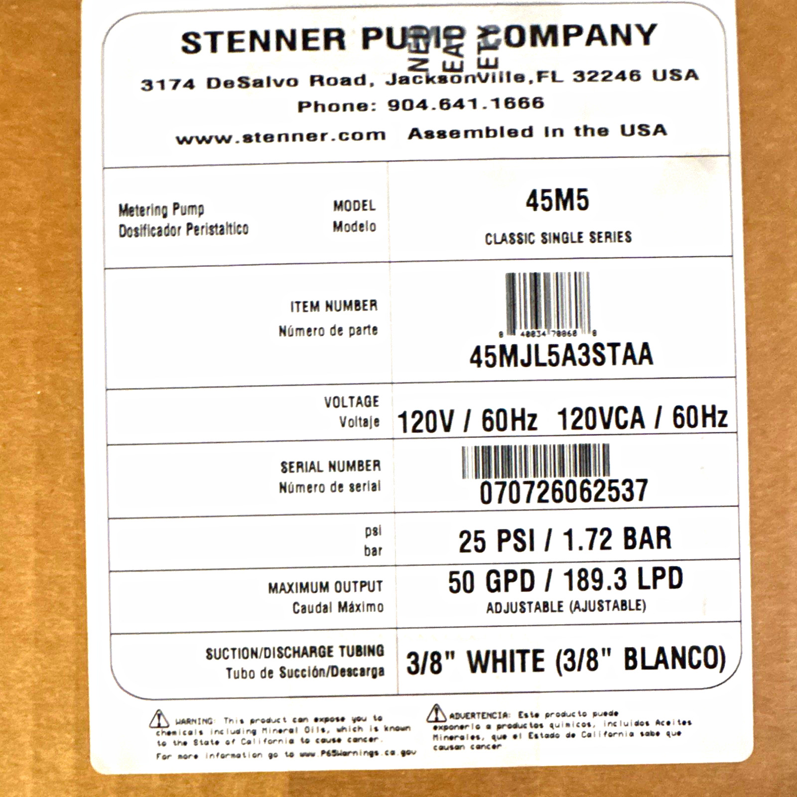 Stenner Pump Company 45M5 Peristaltic Metering Pump 50 GPD 25 PSI 45MJL5A3STAA