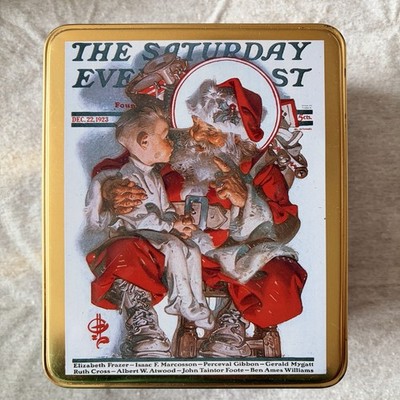 VTG Norman Rockwell Saturday Evening Post Hinged Tin Box 1994 Christmas Santa