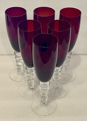 Ruby Red Ball Stemmed Champagne Flukes Wine Pedestal Glasses 9  Set Of 6