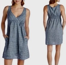 Patagonia Women’s Island Hemp Crossover Dress Sz 2 Blue Chambray Stripe Pockets