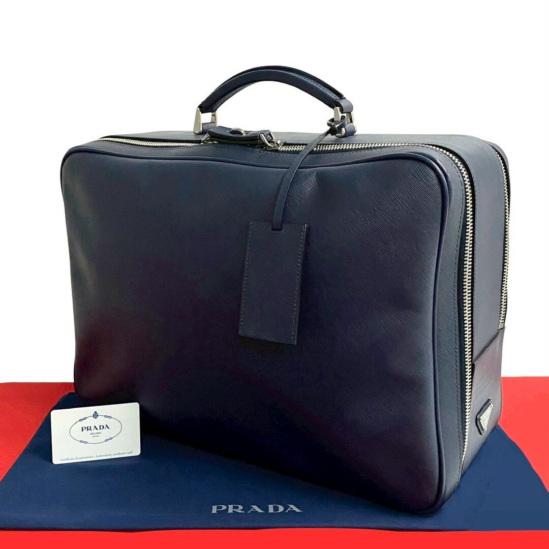 Prada Saffiano Leather Boston Bag with Triangle Logo in Navy