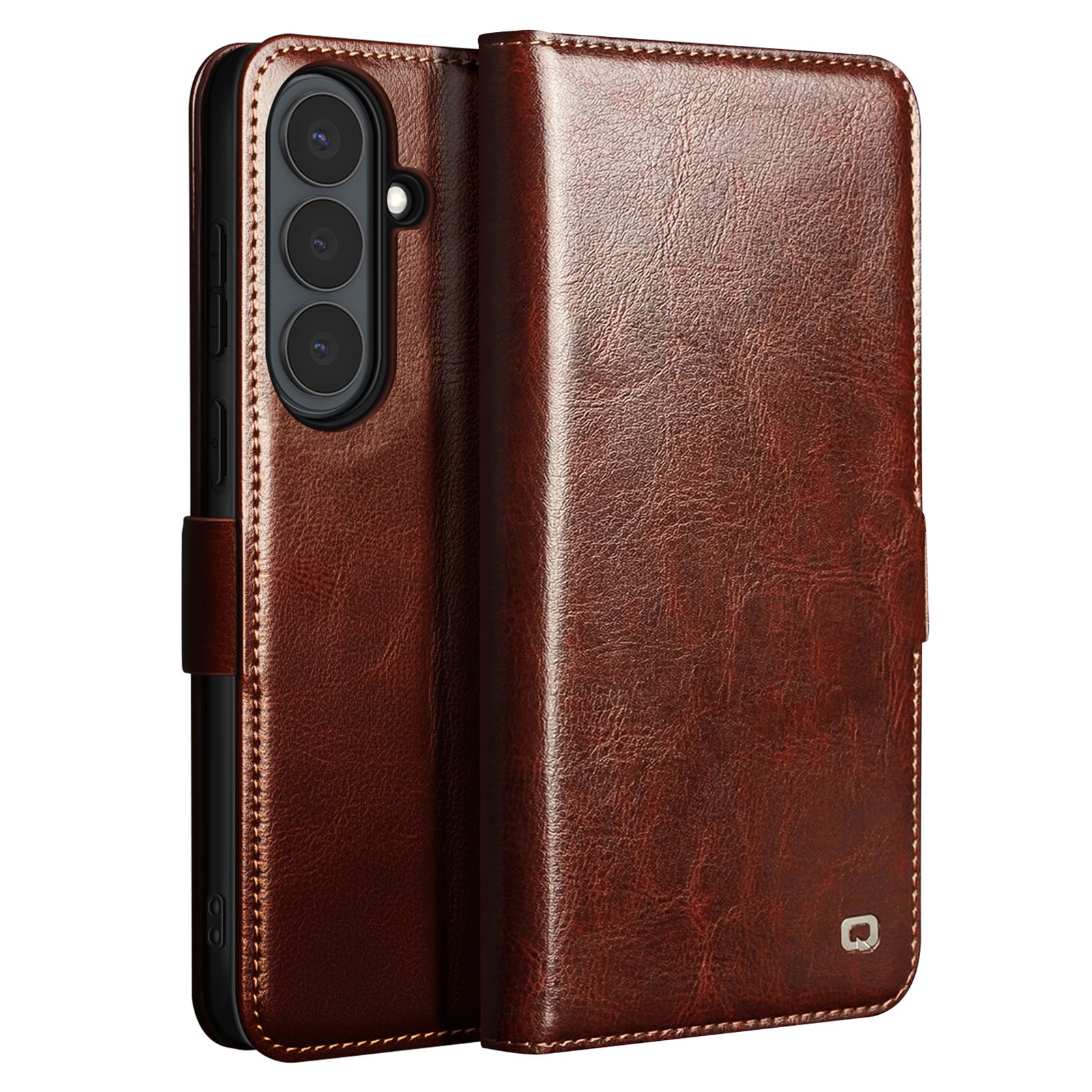 Étui en cuir vintage Qialino pour Galaxy S26 marron cousu main