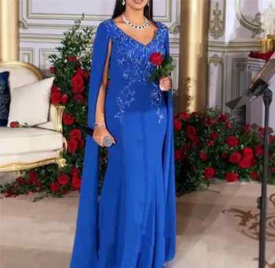 Elegant Long Mermaid Prom Dresses Royal Blue Formal Evening Gowns Cape Applique