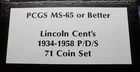 1934-1958 PDS Gem Lincoln Wheat Cents ALL GRADED BY PCGS MS65 RED, 71 COIN SET