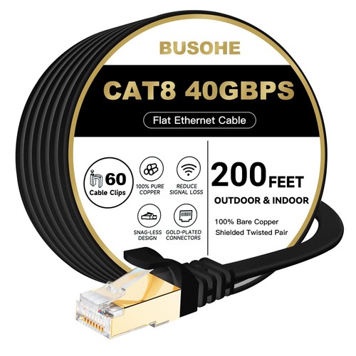 BUSOHE Cat 8 Ethernet Cable 200 FT 40Gbps 2000MHz CAT8 High Speed Flat Intern...