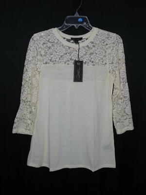 NWT DG2 DIANE GILMAN EGGSHELL ACID WASH 3/4 LACE SLEEVE TEE KNIT TOP SZ S #B318