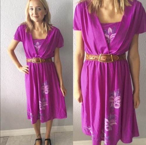 Vintage Floral Boho Hippie Dress 70’s Purple Hawa… - image 1