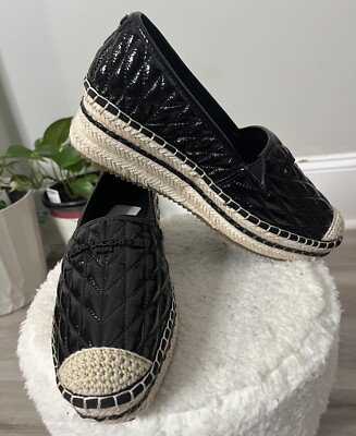 New Karl Lagerfeld Paris Black Desta Logo Quilted Platform Espadrilles Shoes 9.5