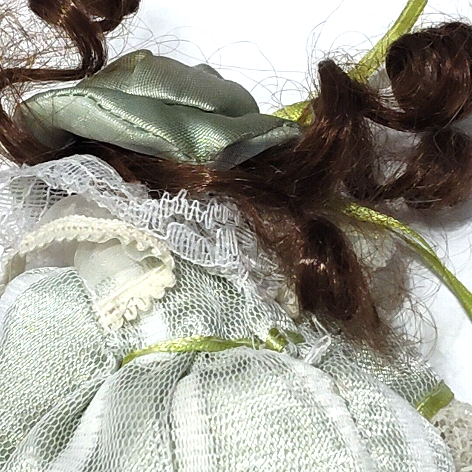 5inch Porcelain Doll Movable Brown Curly Hair White dress Green Bow