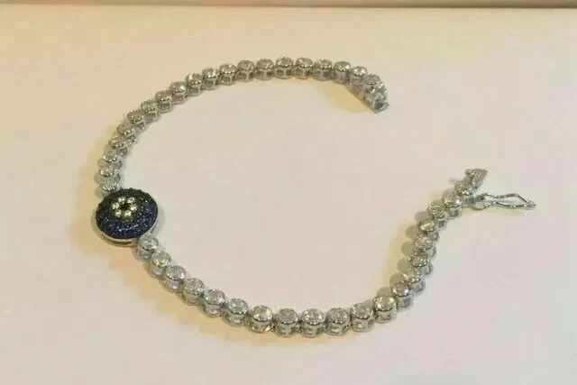 Brazalete Tenis Mal de Ojo Zafiro Azul Simulado Redondo Chapado en Oro Blanco 14K Foto 2 de 4