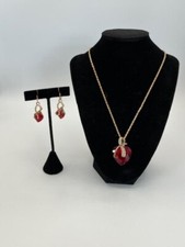 Red crystal heart pendant necklace and earring set with clear crystals