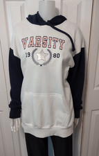NOBO No Boundaries Sweatshirt Women Varsity Logo Hoodie Cream Navy Lg 11-13 NWT