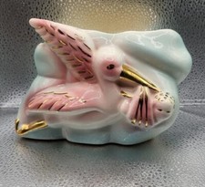 Vintage Ceramic STORK Delivering Baby Figurine Nursery Planter Gold Accents