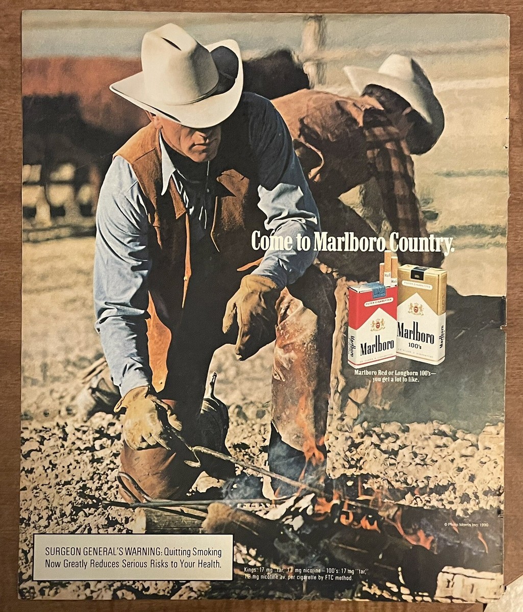 1990 Marlboro Country Longhorn 100s Cigarettes Cowboys Campfire 90s Print Ad