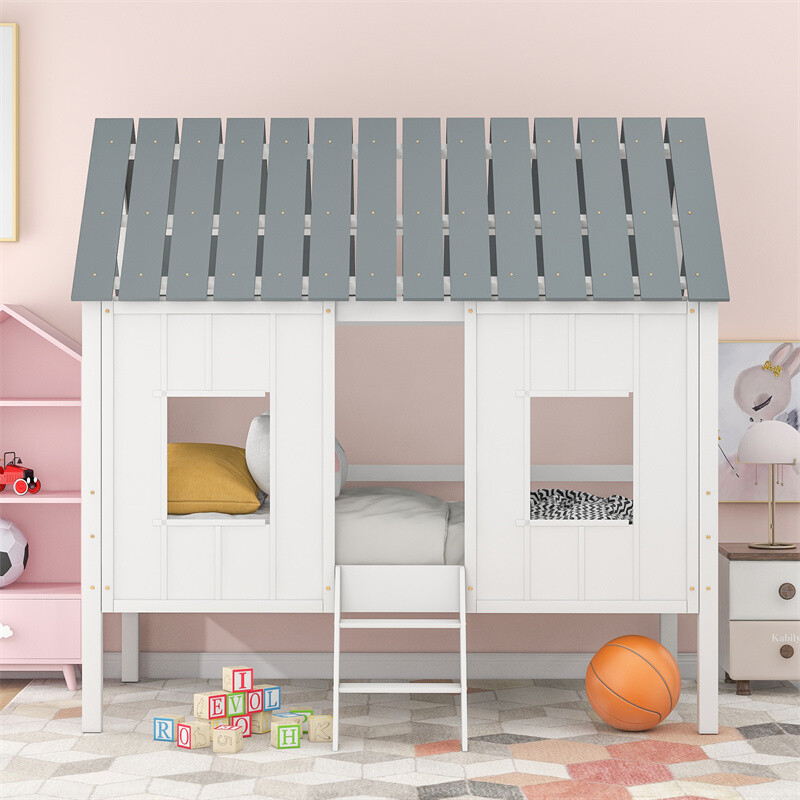 Twin Size Wood Low Loft House Bed with Roof & Two Front Windows for Kids White