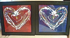 2 ABSTRACT HEART PRINTS - 14 1/2" Square - Framed Under Glass - Blue & Red