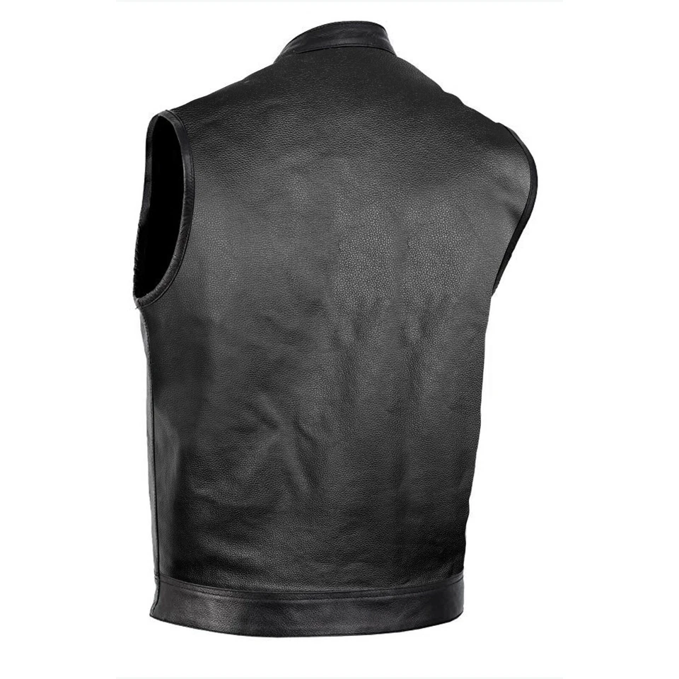 Chaleco de cuero DEFY™ SOA para hombre motocicleta club brazos ocultos espalda lisa  Foto 2 de 4