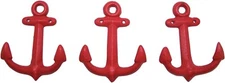 Set of 3 Nautical Red Cast Iron Anchor Wall Hooks, Nautical Home Decor