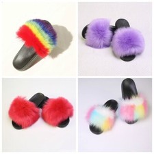 Women Lady Faux Fur Slipper Fluffy Furry Rainbow Flats Sandals Shoes Comfort