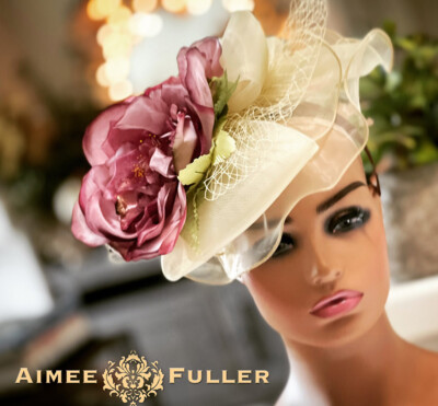 Aimee Fuller Holiday Fascinator Hat Cream Tan Wine Purple Silk