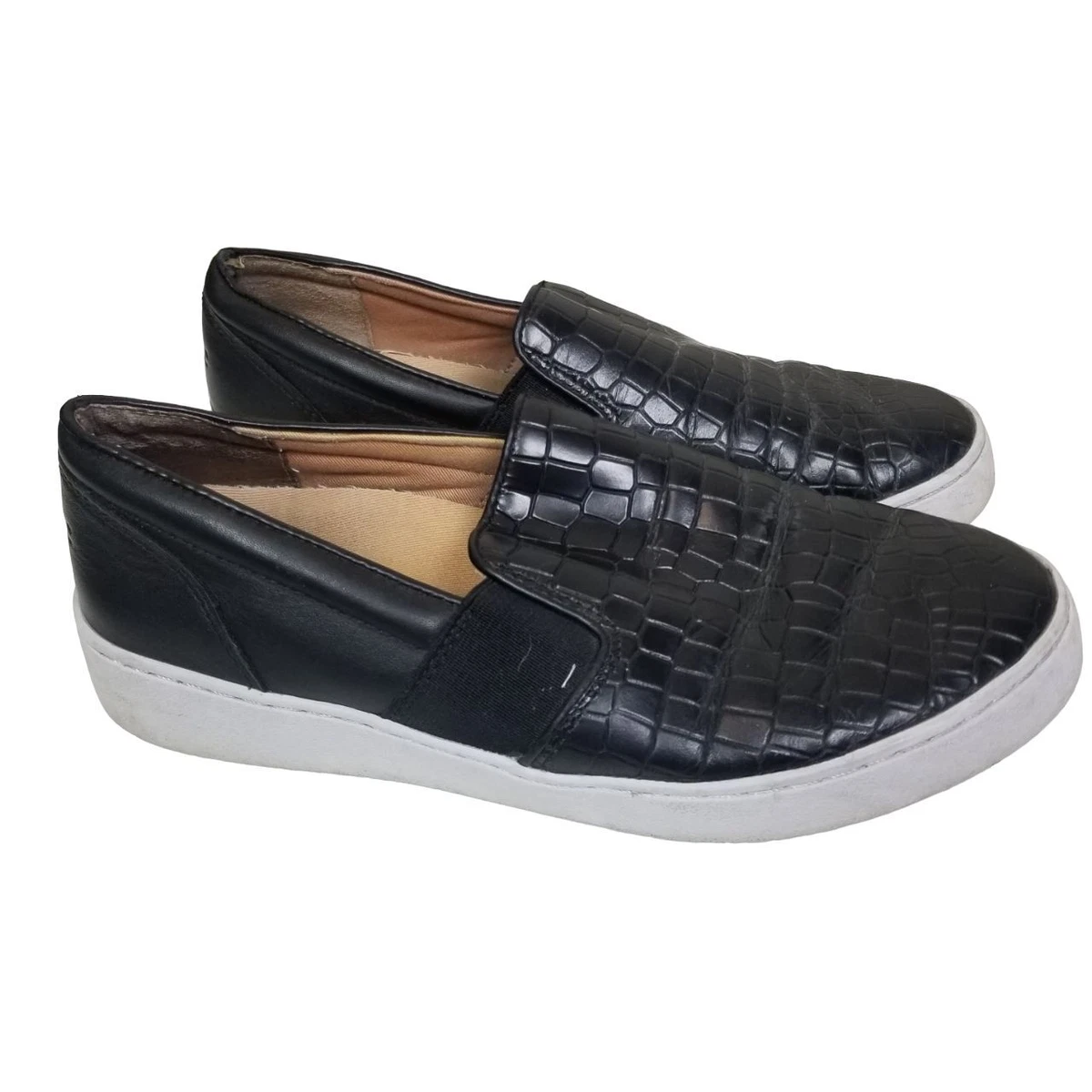 Vionic Womens 6 Black Leather Croc Demetra Slip On Sneaker Shoes