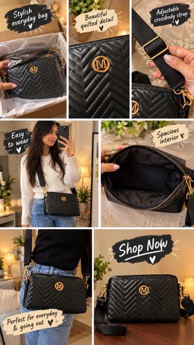 Black Faux Leather Chevron Quilted Crossbody Zip Adjustable Strap, Gold