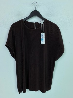 M&S Brown Ribbed Textured Pleated Top Crew Neck Short Sleeve UK 14 NEW