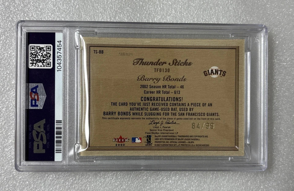 2003 Fleer Showcase Barry Bonds Thunder Sticks Gold Game Used Bat /99 Bat PSA 9 - Image 4 of 4