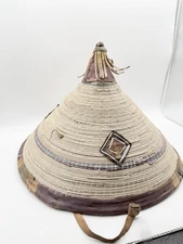 African Fulani Worn Straw Woven Sun Conical Hat Vintage Straw & Leather