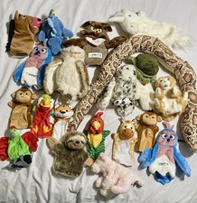 HUGE LOT 20 HAND PUPPETS Melissa Doug Folkmanis IKEA Sloth Snake Owls Unicorn