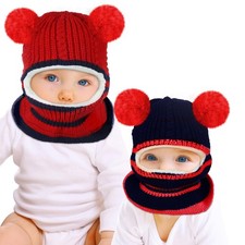 Bencailor 2 Pcs Baby Winter Hat Scarf Set Toddler One Size, Navy Blue and Red