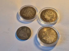LOT OF 4 REPLICA COINS, 1907 $10; 1880 100 CENTS; 1862  $1  AND 1852 HALF DOLLAR