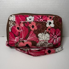 Women's Pink Brown Floral Flower Print Zip Around Wristlet Wallet