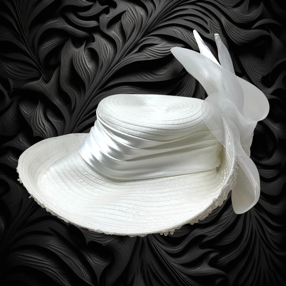 Vintage Whitall & Shon Kentucky Derby Church Hat White Satin Sequin Organza Bow - Image 4 of 4