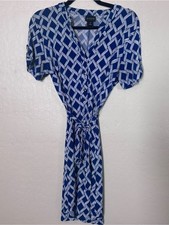 En Focus Studio Blue White Geometric Wrap Midi Dress Womens Size 8