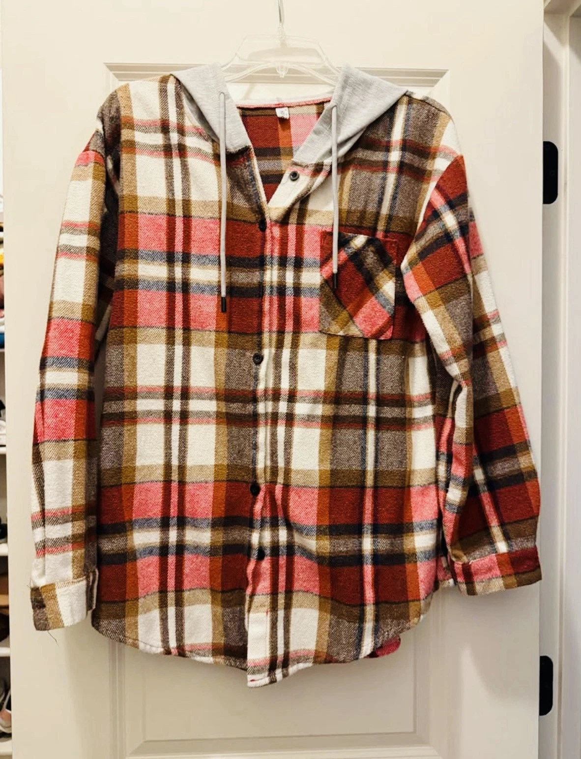 OFF WHITE Flanella con cappuccio da donna con bottoni taglia M fantasia colore rosso marrone crema