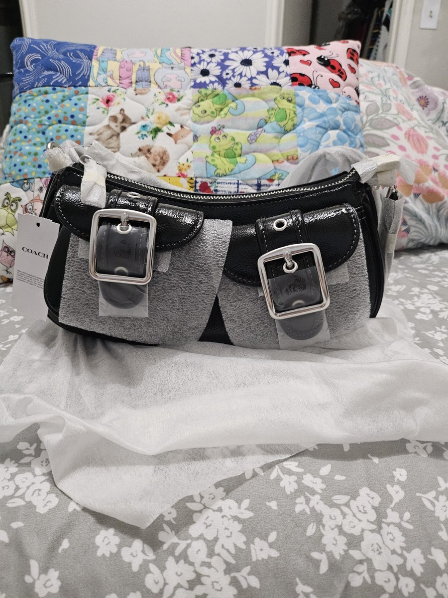 Coach Ashton Shoulder Bag Black Crinkle Patent Leather Buckle