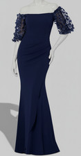Xscape Women's Blue Off-The-Shoulder Floral-Sleeve Gown Dress Size 6.