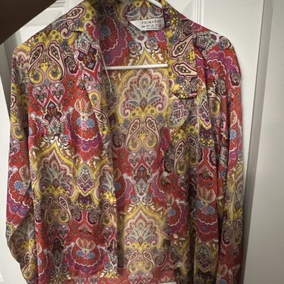 Primark XS Multicolor Paisley Satin Polyester Collared Button-Up Blouse