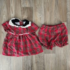 Vintage Rose Cottage Red Plaid Baby Dress Bloomer Set 0-3 Months Holiday Outfit