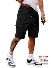 Men's Casual Stretch Cargo Shorts Classic Drawstring Elastic Large 01 Black