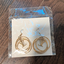 Gold Tone Metal Double Round Hoop Dangle Earr...
