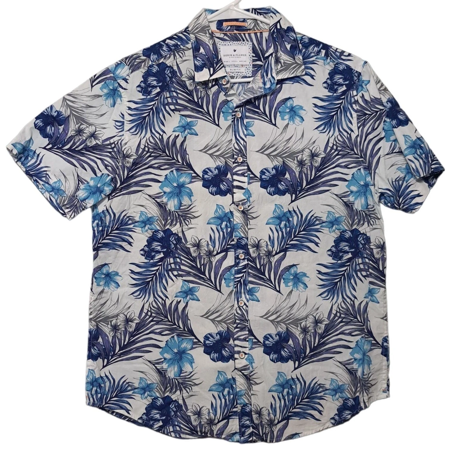 Denim & Flower Large Camp Hawaiian Shirt White Blue Floral Slim Button Up