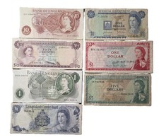 Queen Elizabeth II Banknote Lot 7 pcs UK, Bahamas, Bermuda, Cayman, Caribbean Se