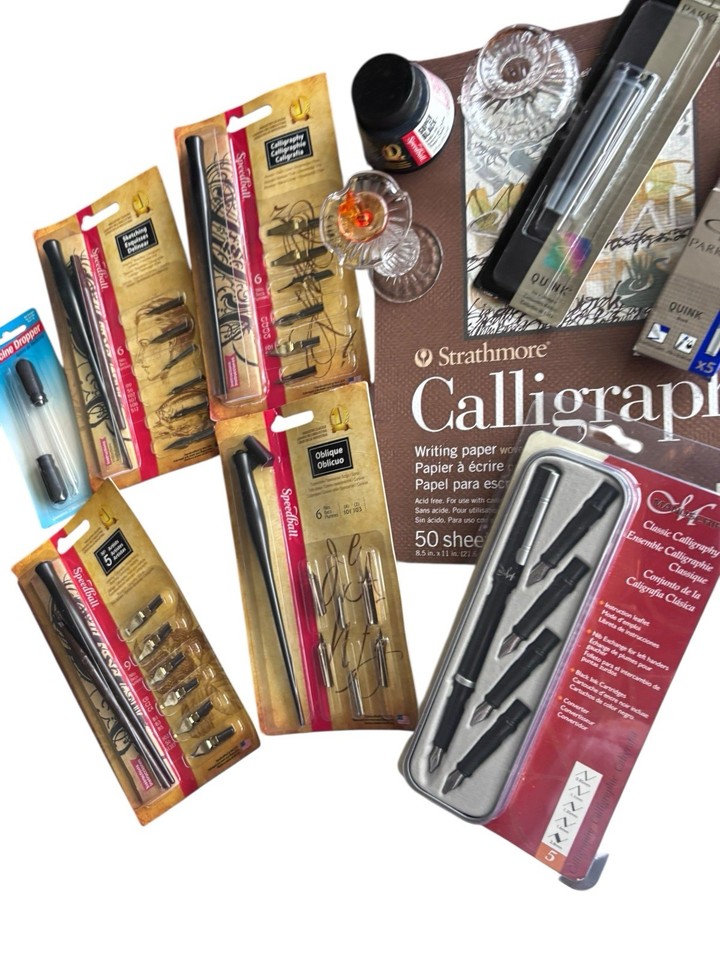 Lot of Calligraphy Supplies Pens Inks Nibs Inkwells Drawing Tablet NEW ...