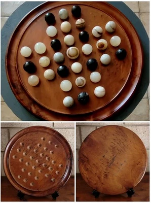SOLITAIRE ARTISANAL EN BOIS DE RONCE DE NOYER 33 BILLES EN PIERRE NATURELLE TBE - Photo 1/4